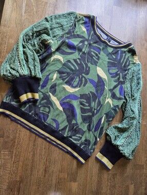 Blank London Green Leaf Print Pullover Sweater with Lined Eyelet Puff Sleeves